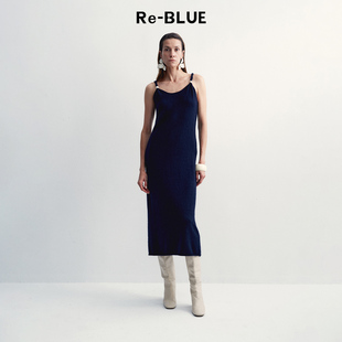 知性气质舒适U领针织吊带连衣裙 BLUE轻奢优雅女装