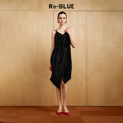 丝绒简约复古Re-BLUE吊带连衣裙