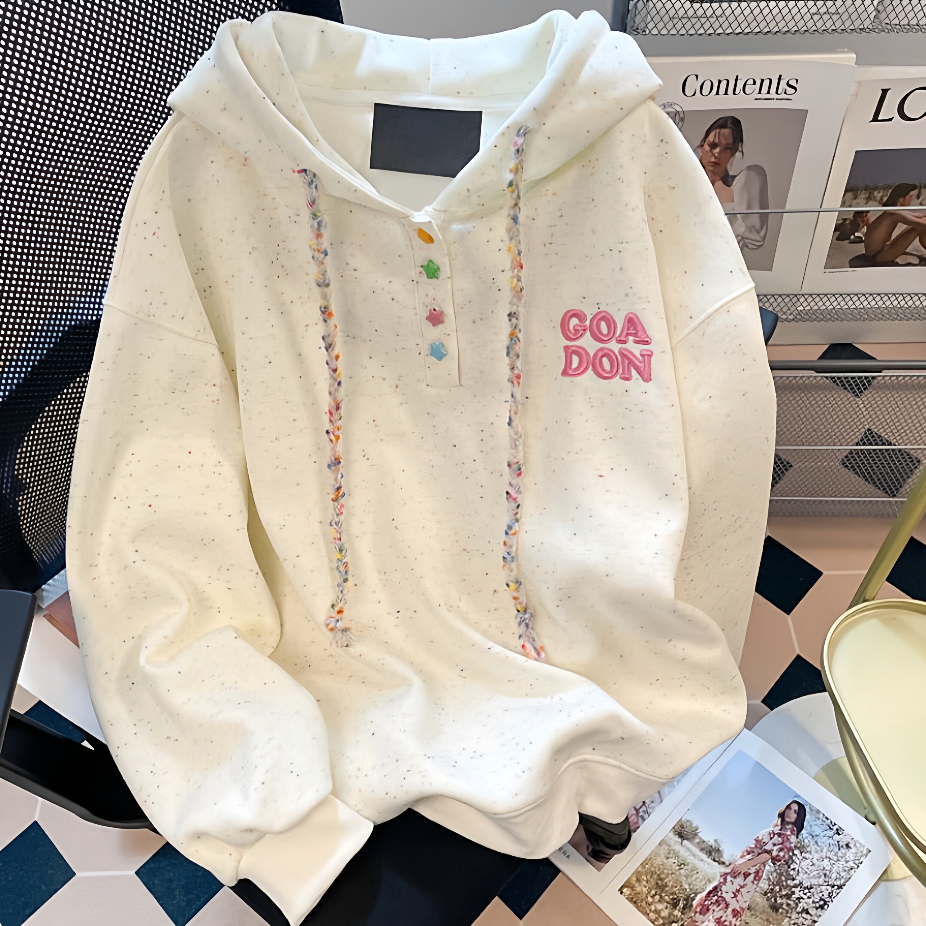 韩系chic别致彩点刺绣连帽卫衣男女秋季新款宽松正肩外套上衣ins