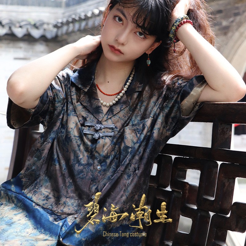 碧海潮生＜山海经沧海＞新款中国风国潮提花丝绸印花休闲短袖衬衫
