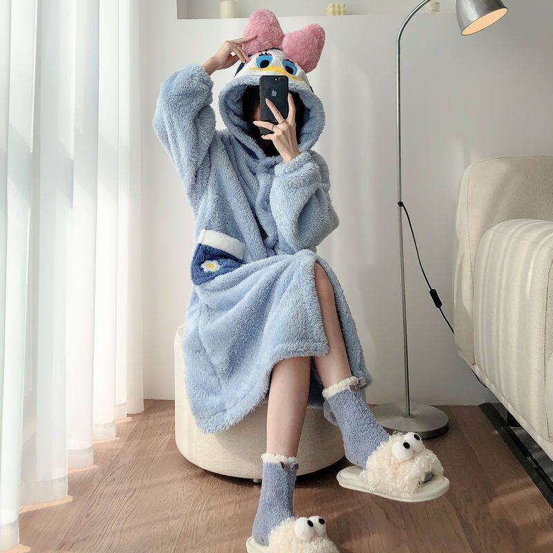 唐老鸭珊瑚绒睡衣女冬季加厚加绒浴袍法绒长款冬可爱睡袍家居服