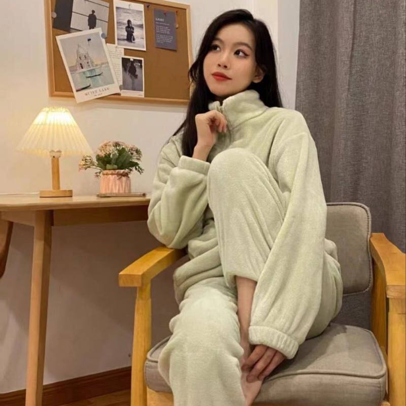 2025秋冬新款简约学生珊瑚绒睡衣女可外穿保暖家居服拉链运动套装