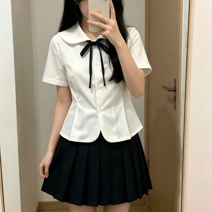 JK娃娃领衬衫日系花瓣摆上衣俏皮短袖制服套装基础百褶裙穿搭软妹