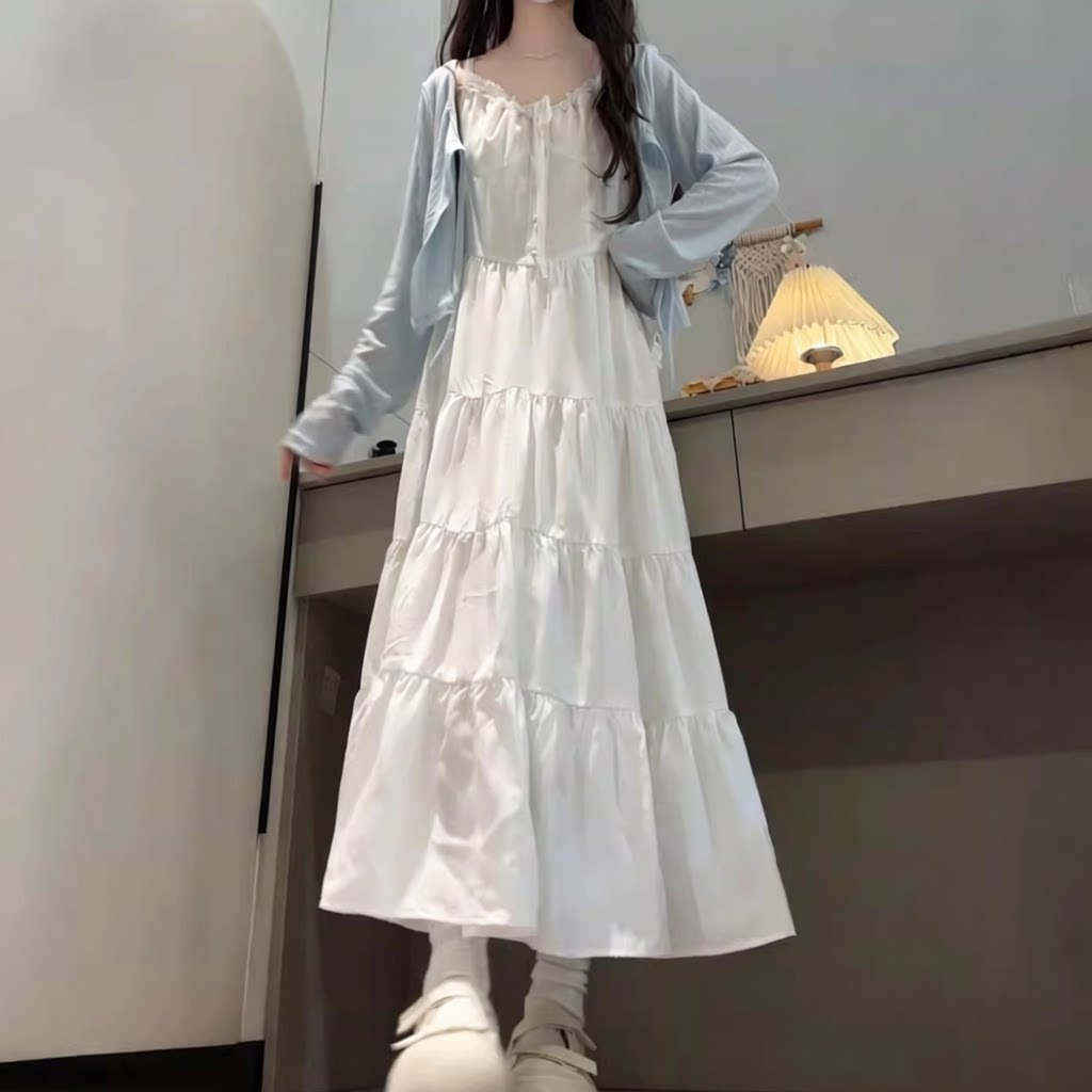 韩系甜美温柔风白色吊带连衣裙女生搭配夏季防晒披肩开衫两件套装