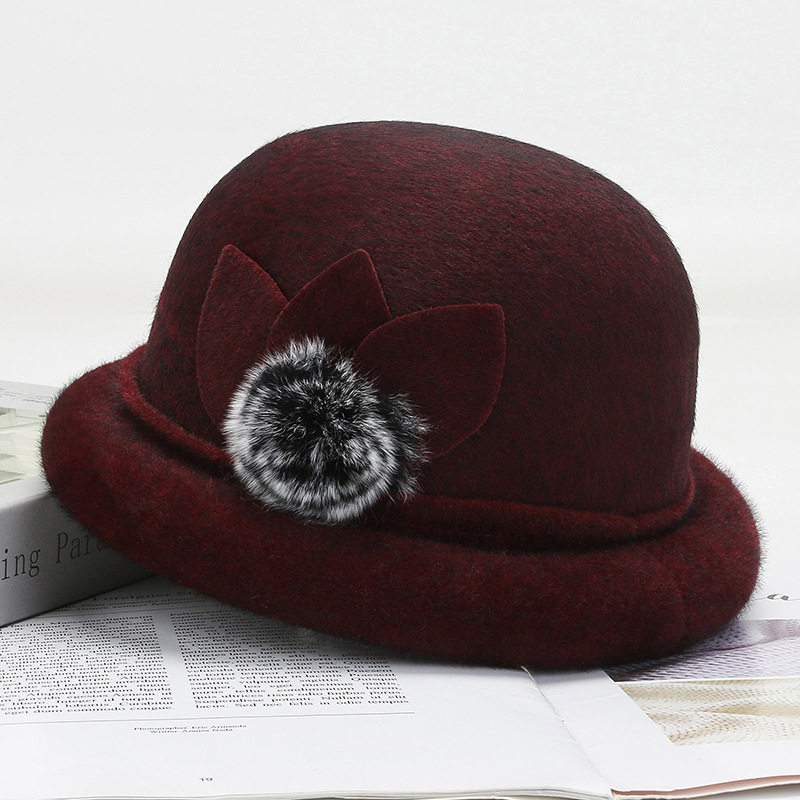 中老年毛呢盆帽女士礼帽酒红春秋季中年女帽春天妈妈帽大檐遮阳帽