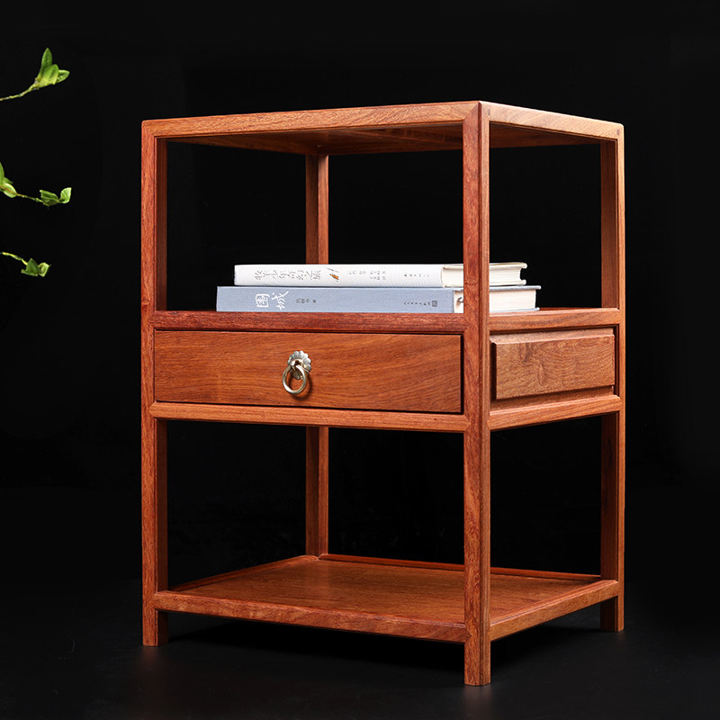 缅甸花梨木桌面收纳双层架红木小茶水架置物架杯架办公桌展示格架