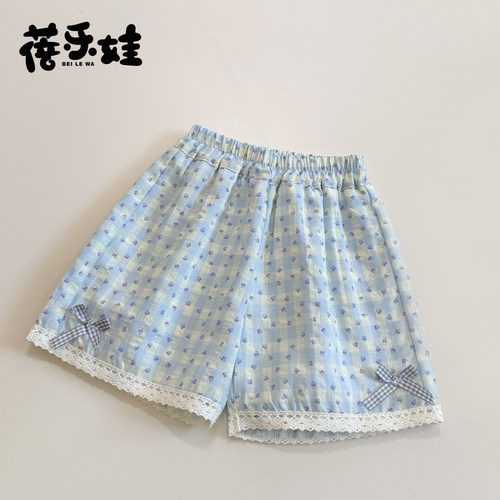 女童新款韩版格子花边短裤