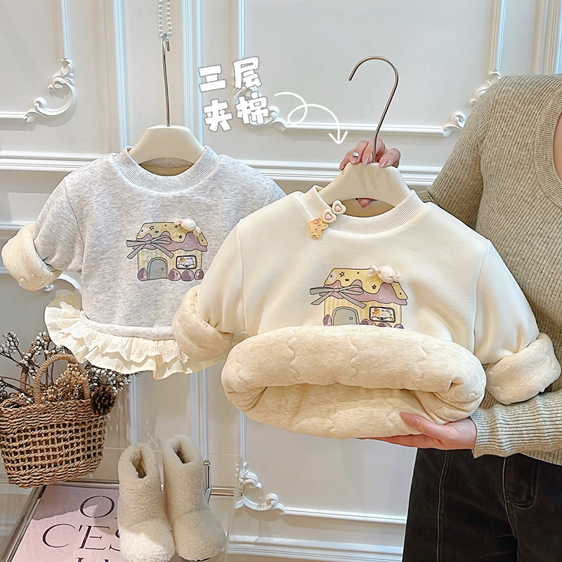 女童秋冬季三层夹棉加厚棉衣女宝宝长袖卫衣儿童保暖上衣童装潮款