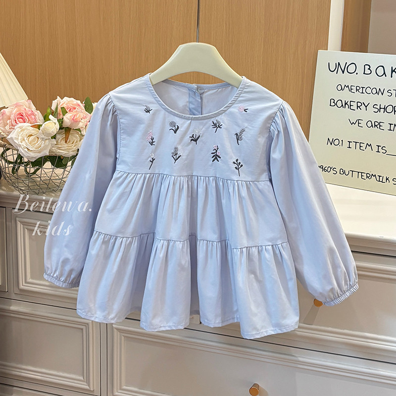 儿童春秋季新款韩版女童长袖棉质蓝色刺绣小花衬衫甜美女宝衬衫潮