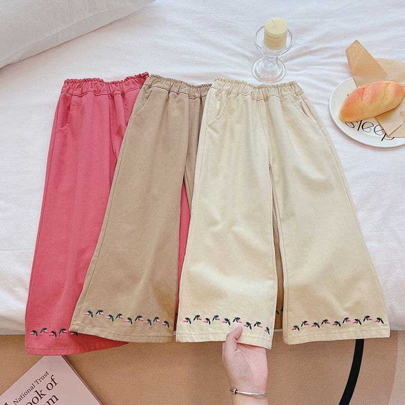 女童裤子春秋装新款休闲长裤小女孩时尚洋气刺绣舒适百搭喇叭裤潮