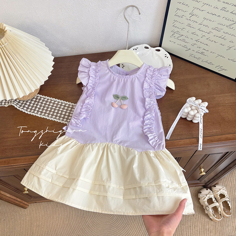 女童夏季新款紫色樱桃飞袖裙女宝宝休闲时尚洋气品质童装欧若风潮