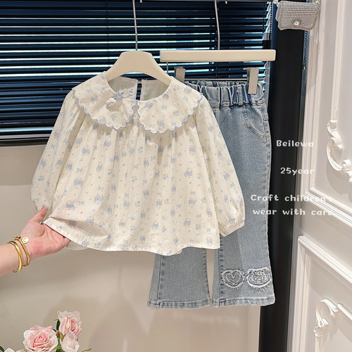 女童秋装纯棉长袖衬衫衬衣外穿女宝宝洋气卡通时尚印花上衣儿童衬