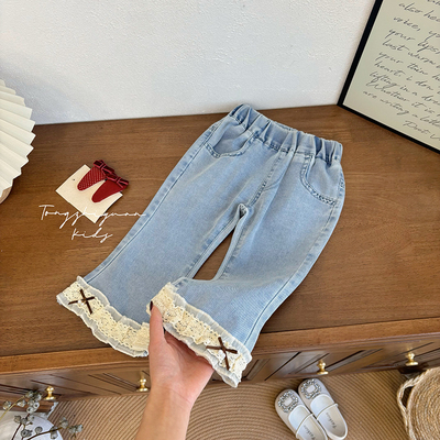 女童新款夏季时尚洋气花边蝴蝶结牛仔裤女宝宝七分洋气花边牛仔裤