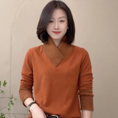 通勤V领橙色加绒加厚卫衣女