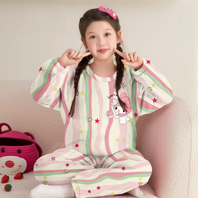 女大童睡衣可爱条纹美乐蒂秋冬季法兰绒保暖母女装毛绒家居服套装