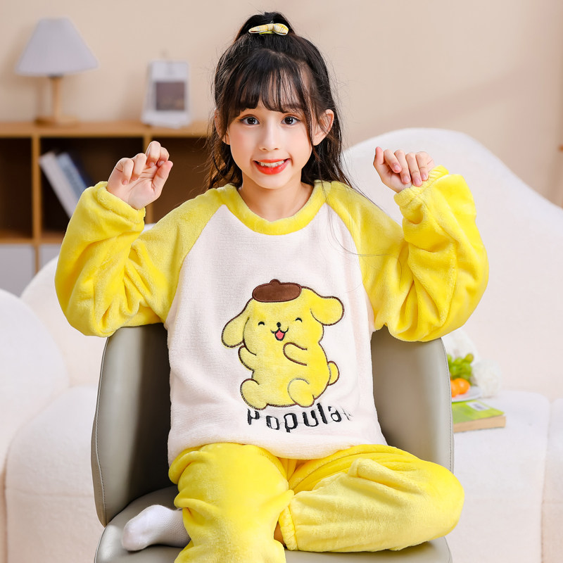儿童睡衣女孩可爱布丁狗冬季保暖珊瑚绒母女装大童毛绒家居服套装