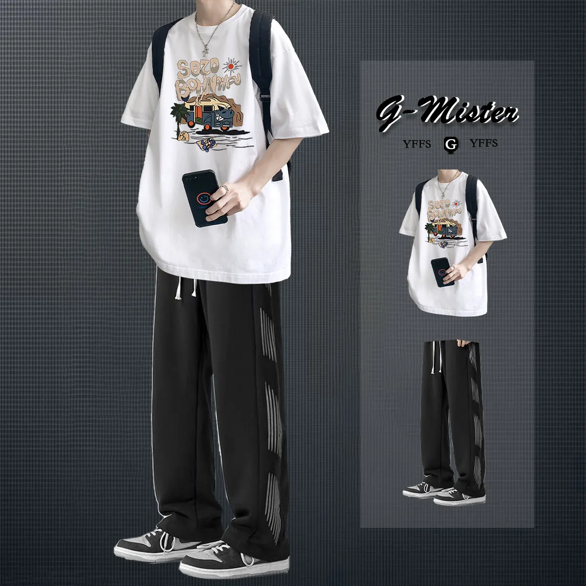 夏季短袖t恤男款青少年套装薄款高中初中生休闲一套搭配运动长裤