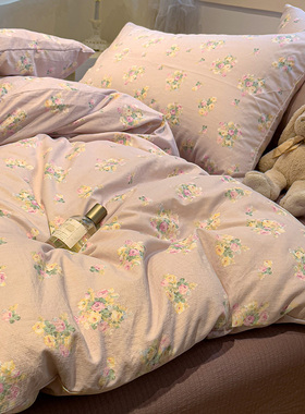 法式复古风ins紫色玫瑰花四件套针织双层纱学生被套床单三件套1.8