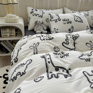 ins黑白涂鸦小恐龙可爱卡通风水洗棉四件套床单被套三件套床笠1.8
