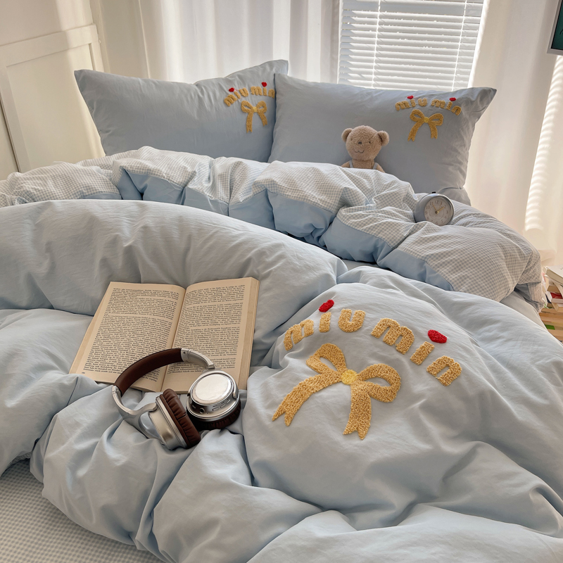 简约雾霾蓝蝴蝶结毛巾绣四件套