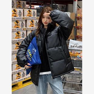 免洗PU皮棉服女中长款2024年新款冬季夹克外套宽松个性棉衣棉袄潮