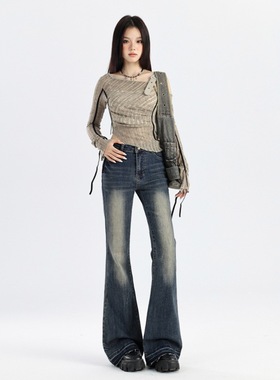 春秋新款复古蓝微喇牛仔裤女美式高腰显瘦刺绣大码毛边喇叭马蹄