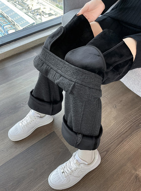 【2471】裤子女秋冬新款直筒裤高腰加厚女装长裤人字纹加绒阔腿裤