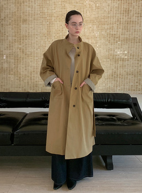 moxi十三行2025秋季新款韩版立领撞条风衣外套女感长款风衣女