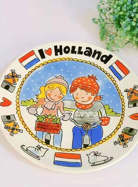 BLOND出口荷兰太太卡通人物釉中彩手绘8寸圆形西式平盘蛋糕牛排盘