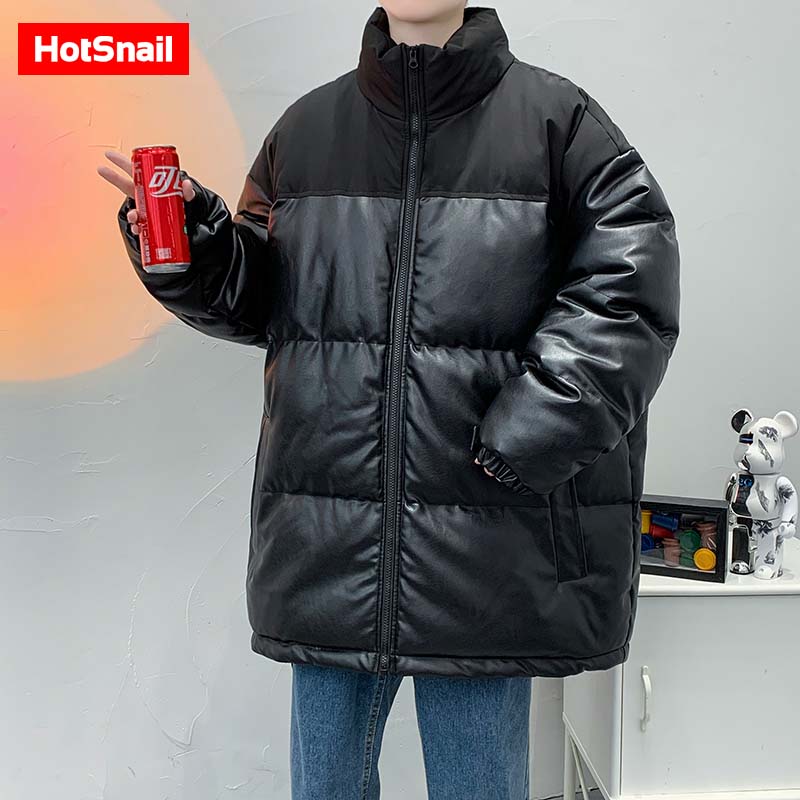 立领棉衣男冬季新款青少年美式潮牌PU皮外套男女同款宽松帅气冬装