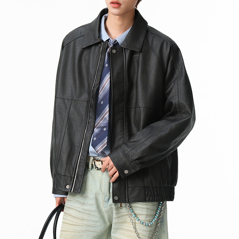 新款秋冬款复古机车风皮衣男翻领加绒加厚宽松PU夹克外套潮流