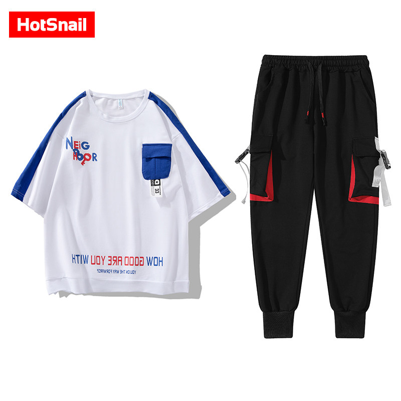 hotsnail夏季短袖休闲套装男2023青少年美式街头风学生宽松t恤衫