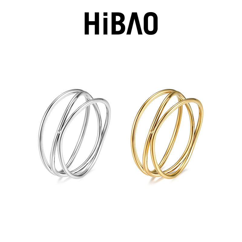 HIBAO喜小宝简约几何线圈交叉三层戒指女不规则线条指环食指手饰