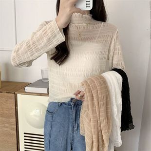 网纱半高领内搭打底衫超仙上衣女秋季别致短款仙女法式白色蕾丝衫