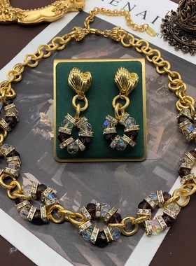 中古宫廷风重工优雅撞色水晶珠镶嵌琉璃欧美复古设计耳钉项链套装