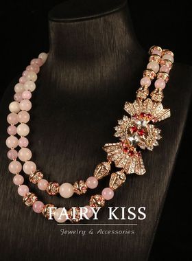 法式复古优雅石头粉金蝴蝶结精致水钻双层项链 玻璃珍珠百搭饰品