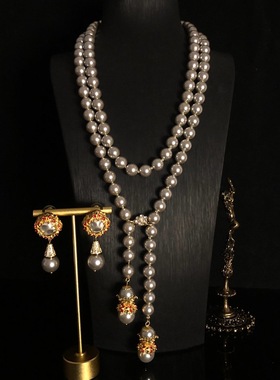 青岛中古vintage巴洛克项链欧美夸张叠戴琉璃珍珠超长项链毛衣链