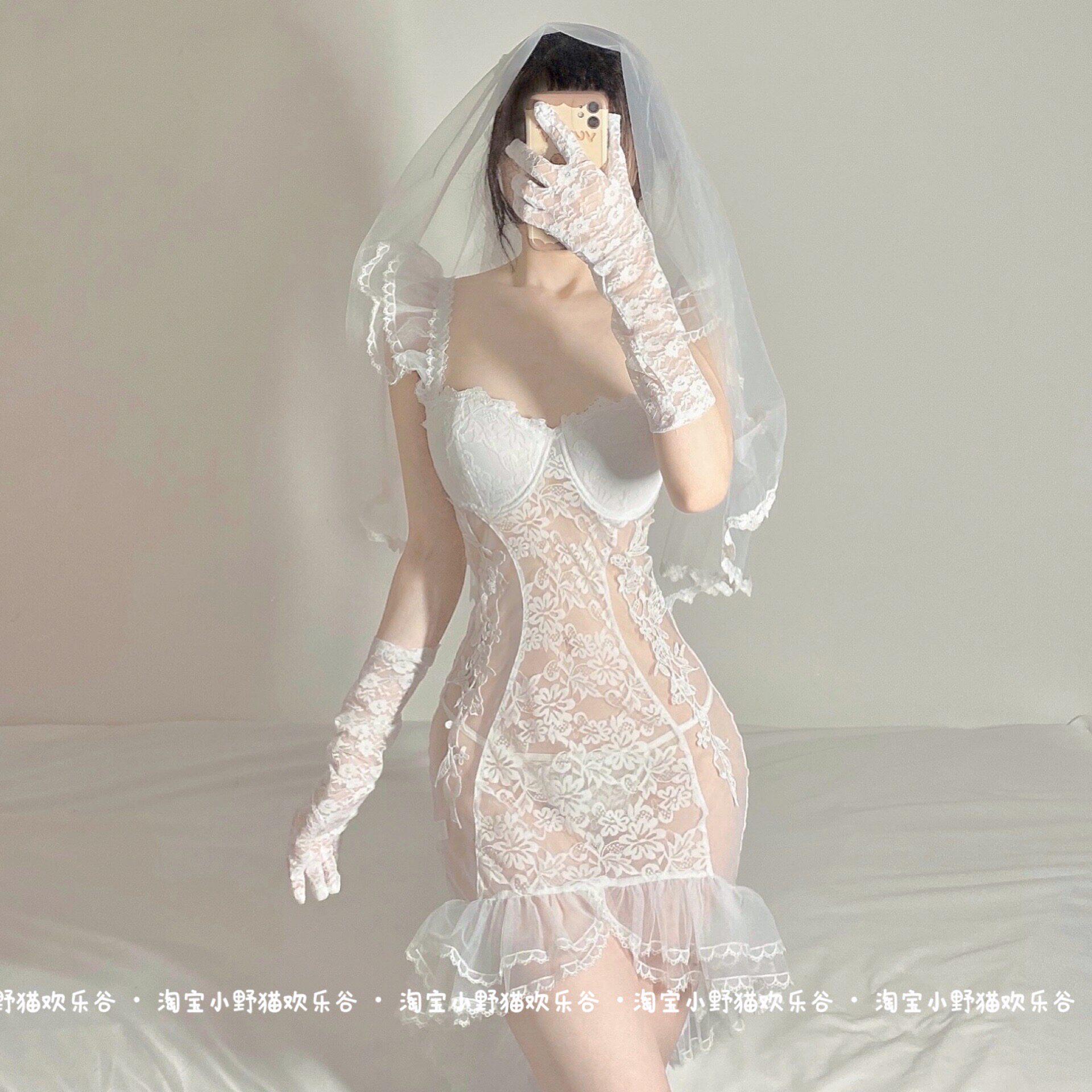 白色网纱蕾丝新娘睡裙 嫁给你啦高端私房写真蜜月制服睡衣均码