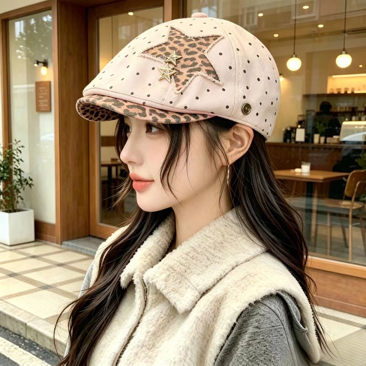 秋冬复古豹纹星星显脸小报童帽女