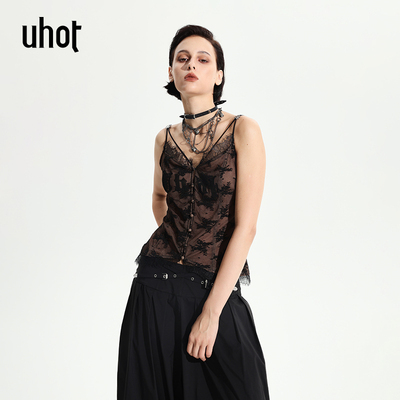 uhot/诱货咖色印花蕾丝风吊带背心上衣女25夏季新款 UWWR1N343