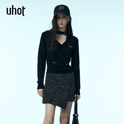 黑色v领针织连衣裙修身性感优雅