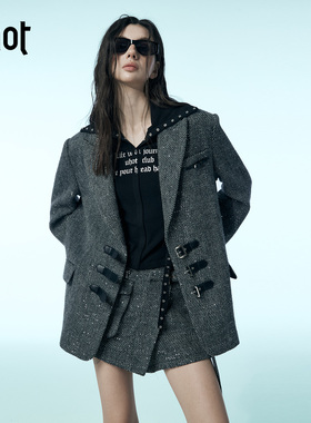 uhot/诱货黑灰色银葱皮袢宽肩西装外套经典百搭时髦朋克UWWW2W369