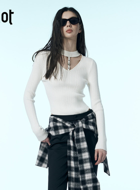 uhot/诱货白色镂空修身坑条针织衫女半高领精致性感新款UWWW4Z306