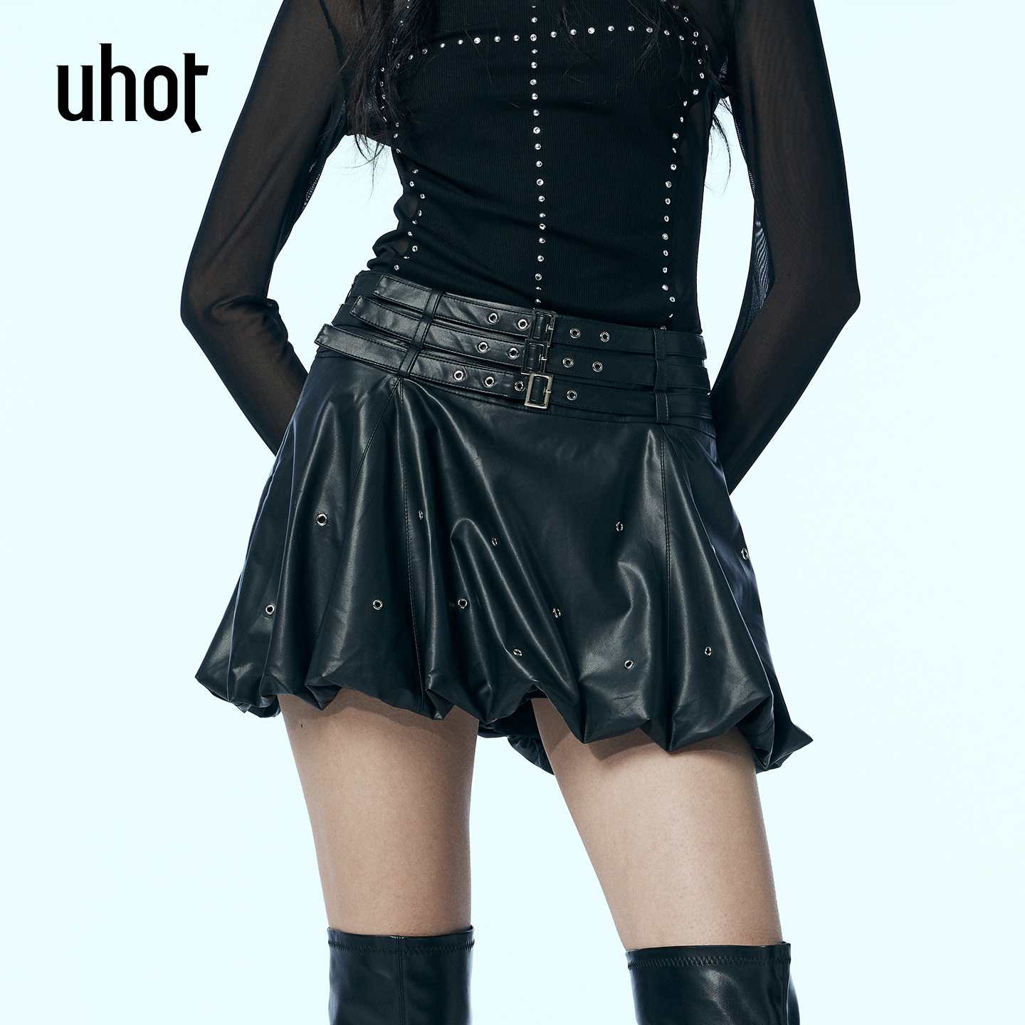 黑色多腰带皮短裙朋克金属装饰