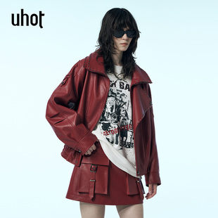 uhot UWWW6W065 诱货红色朋克廓型夹克双层领皮衣外套精致酷帅新款