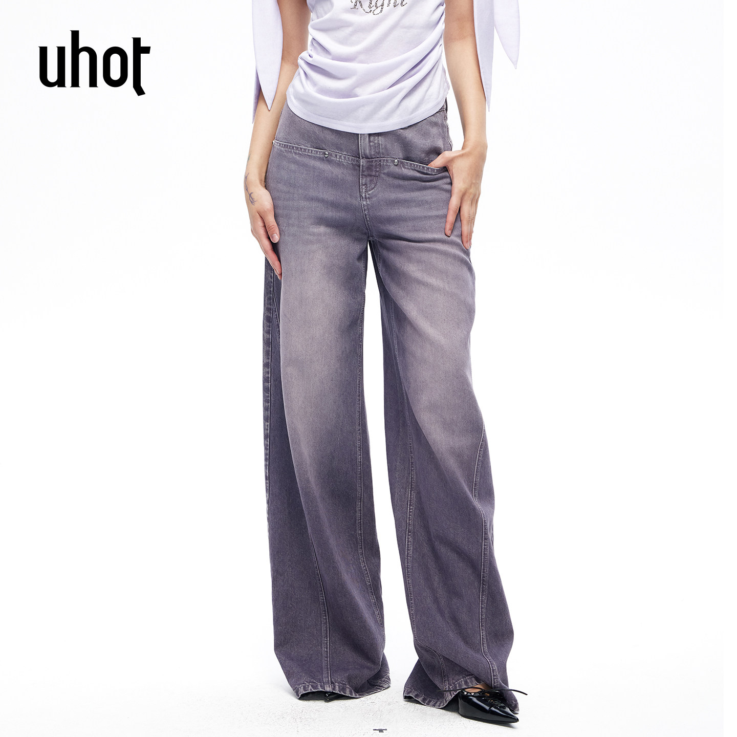 uhot/诱货26春紫色渐变水洗阔腿牛仔裤复古做旧高腰长裤UWLS3K101