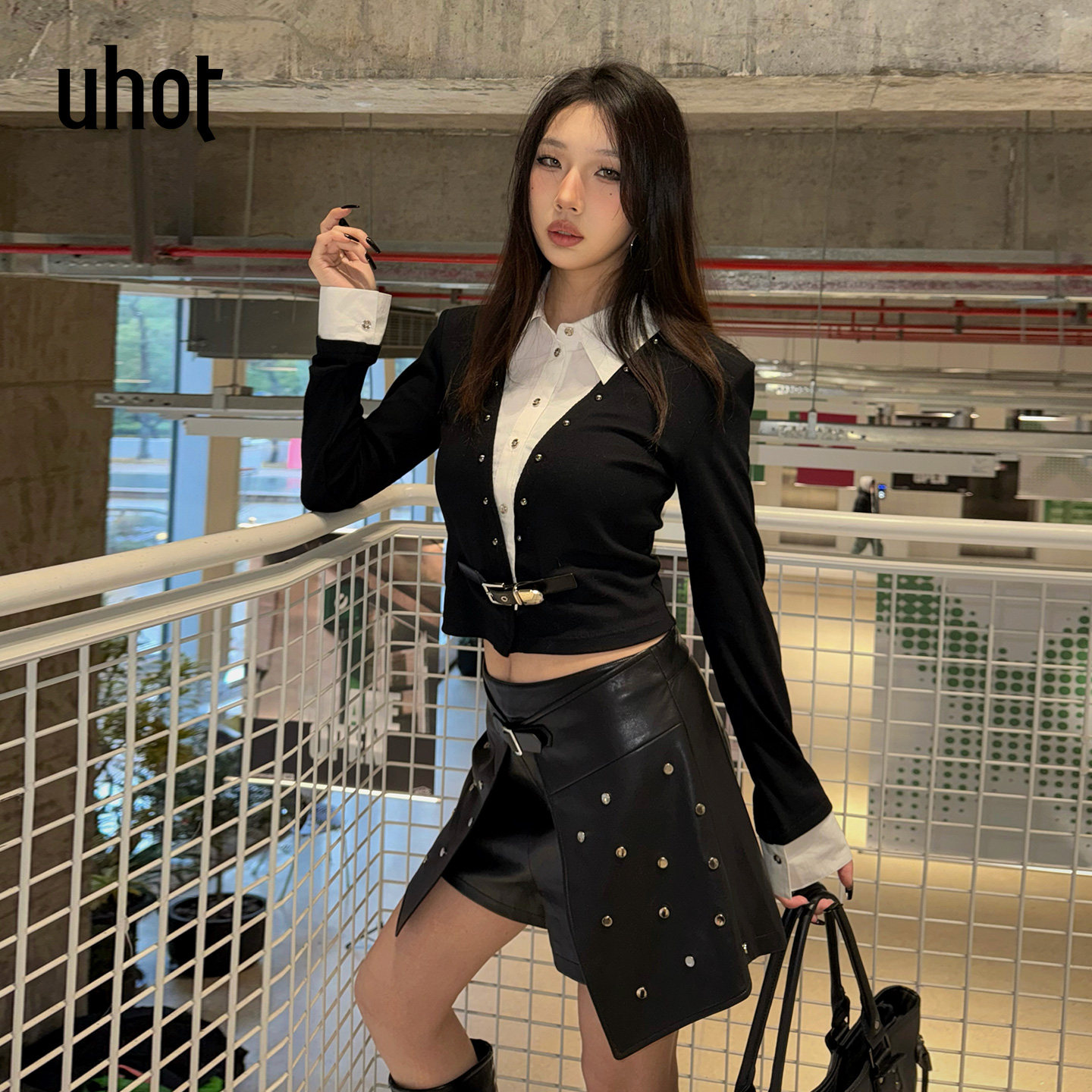 uhot/诱货26春黑白撞色假两件针织衫高腰短款精致显瘦 UWLS1K611M - 实物图