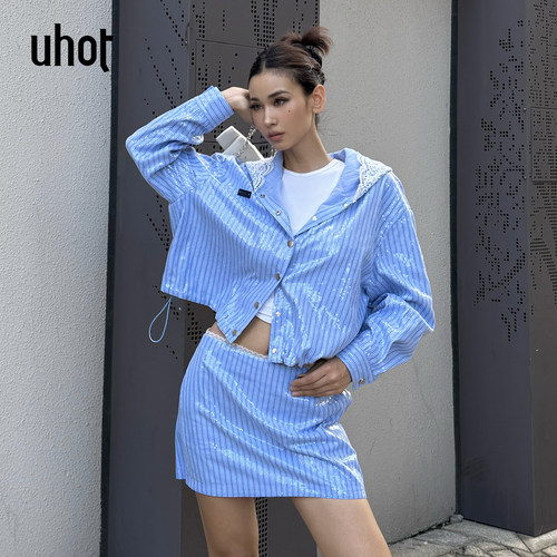 蓝色珠片条纹蕾丝花边连帽衬衫