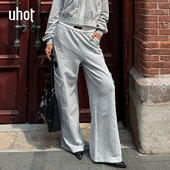 uhot UWWW1K704M 饰休闲随性 诱货灰色极简阔腿裤 女撞色腰头口袋装