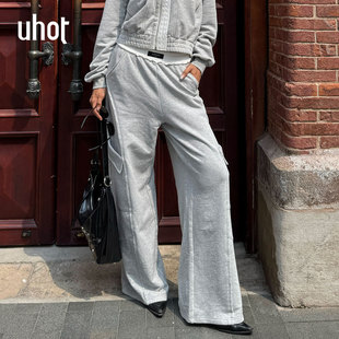 饰休闲随性 女撞色腰头口袋装 UWWW1K704M 诱货灰色极简阔腿裤 uhot